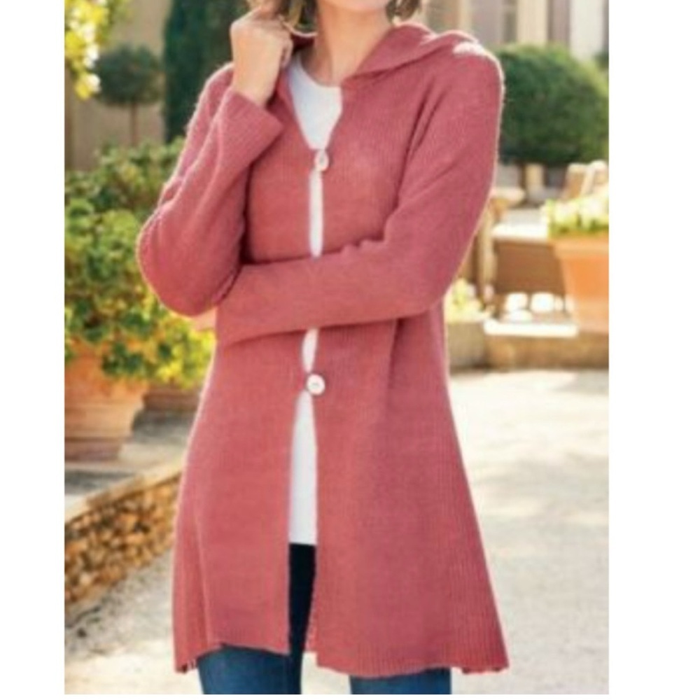 Soft Surroundings Women's Lessie Hooded Sweater Cardigan Rose Pink Large​
